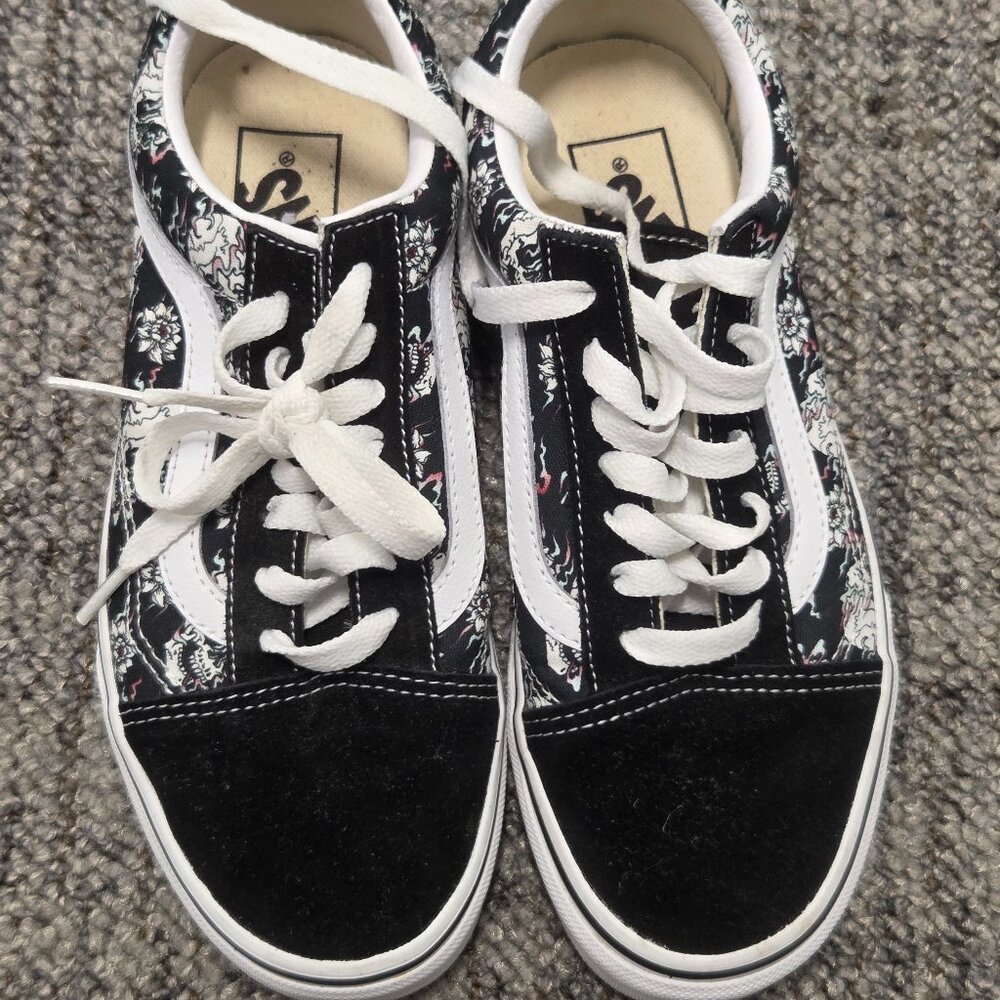 Vans Old Skool Flash Skulls & Flowers Black Skate Shoes Size 4 Men, 5.5 Women